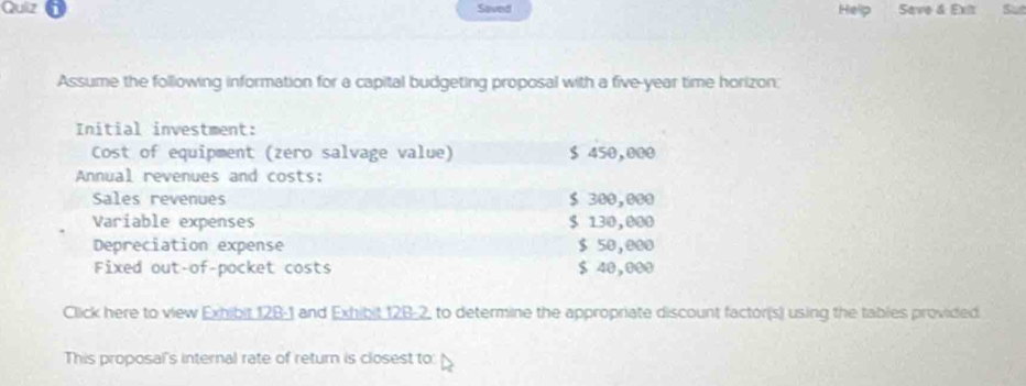 Quiz Saved HelpSave & Exit 5 
Assume the following information for a capital budgeting proposal with a five-year time horizon: 
Initial investment: 
Cost of equipment (zero salvage value) $ 450,000
Annual revenues and costs: 
Sales revenues $ 300,000
Variable expenses $ 130,000
Depreciation expense $ 50,000
Fixed out-of-pocket costs $ 40,000
Click here to view Exhibir 128-1 and Exhibit 128-2, to determine the appropriate discount factor(s) using the tables provided 
This proposal's internal rate of return is closest to: