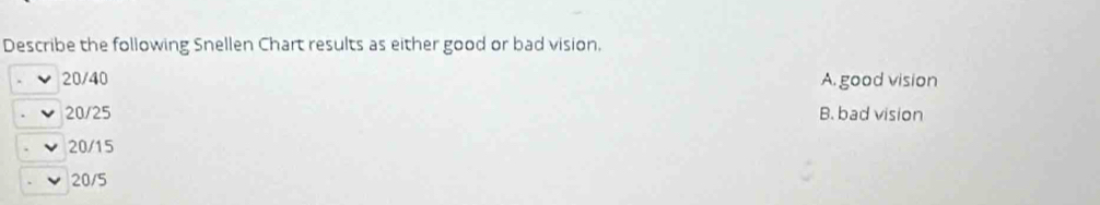 Describe the following Snellen Chart results as either good or bad vision,
20/40 A. good vision
20/25 B. bad vision
20/15
20/5