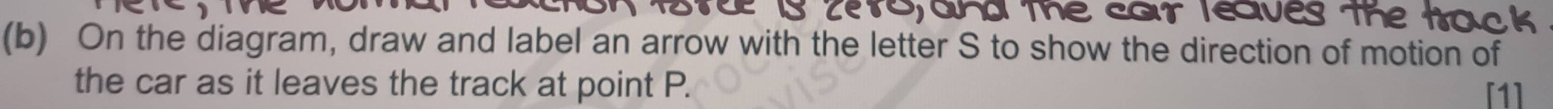 On the diagram, draw and label an arrow with the letter S to show the direction of motion of 
the car as it leaves the track at point P. 
[1]