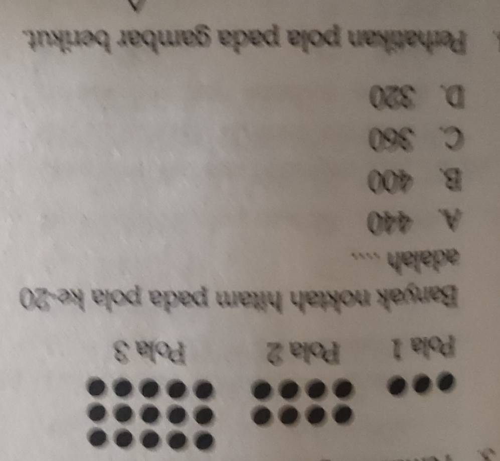 Pola 1 Pola 2 Pola 3
Banyak noktah hitam pada pola ke -20
adalah ....
A. 440
B. 400
C. 360
D. 320
Perhatikan pola pada gambar berikut.