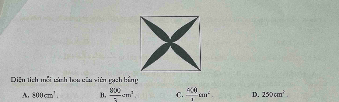 Diện tích mỗi cánh hoa của viên gạch bằng
A. 800cm^2. B.  800/3 cm^2.  400/3 cm^2. D. 250cm^2. 
C.