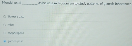 Mendel used _as his research organism to study patterns of genetic inheritance
Siamese cats
mice
snapdragons
garden peas