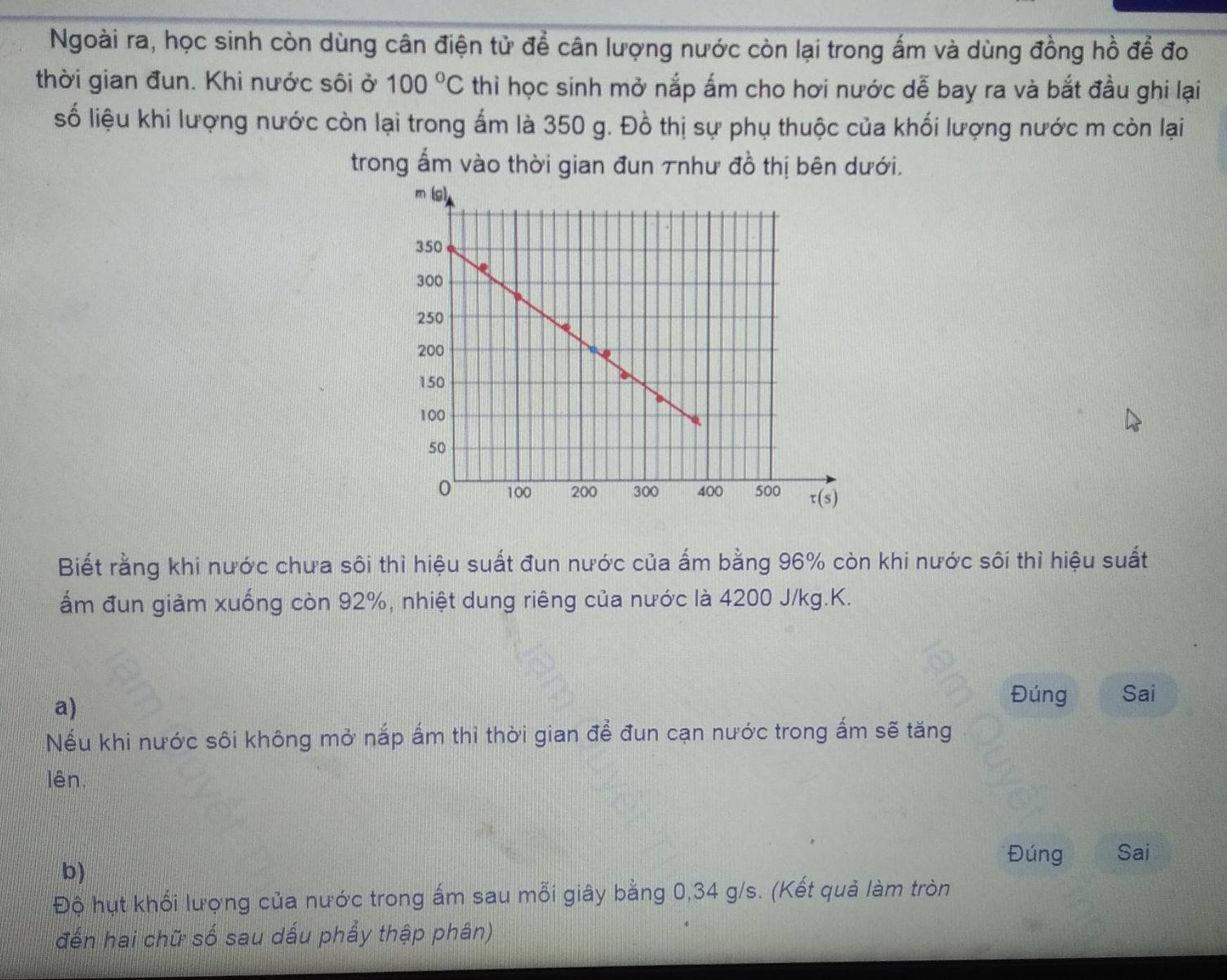 Ngoài ra, học sinh còn dùng cân điện tử để cân lượng nước còn lại trong ấm và dùng đồng hồ để đo
thời gian đun. Khi nước sôi ở 100°C thì học sinh mở nắp ấm cho hơi nước dễ bay ra và bắt đầu ghi lại
số liệu khi lượng nước còn lại trong ấm là 350 g. Đồ thị sự phụ thuộc của khối lượng nước m còn lại
trong ấm vào thời gian đun Tnhư đồ thị bên dưới.
Biết rằng khi nước chưa sôi thì hiệu suất đun nước của ấm bằng 96% còn khi nước sôi thì hiệu suất
ấm đun giảm xuống còn 92%, nhiệt dung riêng của nước là 4200 J/kg.K.
a)
Đúng Sai
Nếu khi nước sôi không mở nắp ấm thì thời gian để đun cạn nước trong ấm sẽ tăng
lên.
Đúng Sai
b)
Độ hụt khối lượng của nước trong ấm sau mỗi giây bằng 0,34 g/s. (Kết quả làm tròn
đến hai chữ số sau dấu phẩy thập phân)