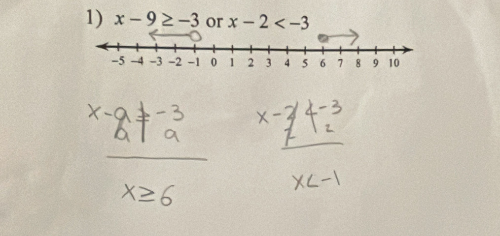 x-9≥ -3 or x-2