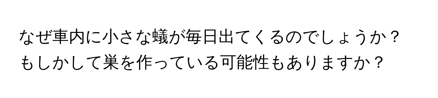 なぜ車内に小さな蟻が毎日出てくるのでしょうか？もしかして巣を作っている可能性もありますか？