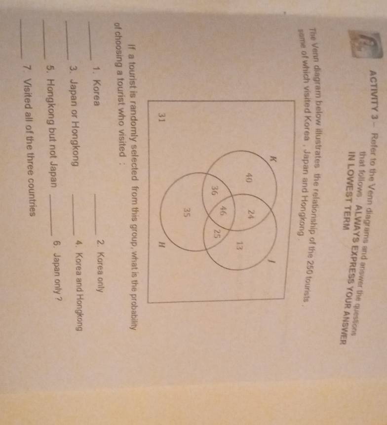 ACTIVITY 3 - Refer to the Venn diagrams and answer the questions 
that follows. ALWAYS EXPRESS YOUR ANSWER 
IN LOWEST TERM 
The Venn diagram below illustrates the relationship of the 250 tourists . 
same of which visited Korea , Japan and Hongkong 
K
1
40 24
13
46
36 25
35
31
H 
If a tourist is randomly selected from this group, what is the probability 
of choosing a tourist who visited : 
_ 
1. Korea _2. Korea only 
_ 
3. Japan or Hongkong _4. Korea and Hongkong 
_ 
5. Hongkong but not Japan _6. Japan only ? 
_ 
7. Visited all of the three countries