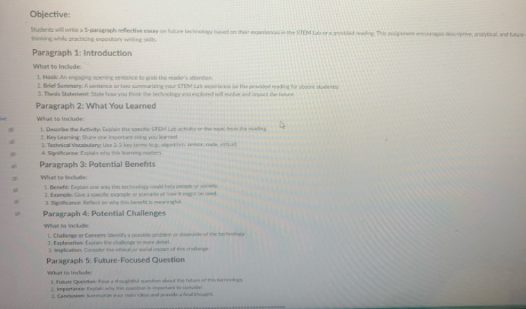 Objective: 
Students will write a 5 -paragraph reflective essay on future technology based on their experiences in the STEM Lab-or a provided nading. This assignment encourages descriptive, analytical, and future 
thinking while practicing expository writing skills. 
Paragraph 1: Introduction 
What to Include: 
1. Hoolc An engaging opening sentence to grab the reader's attention. 
2. Brief Summary: A sentence or two summanizing your STEM Lab-experence for the provided reading for absent studentst 
3. Thesis Statement: State how you think the technology you explored will evolve and impact the future. 
Paragraph 2: What You Learned 
What to Include: 
1. Describe the Activity: Explain the specific STEM Lab activity or the topic from the reading 
2. Key Learning: Share one important thing you leamed. 
2. Technical Vocabulary; (Use 2-3 key terms (e.g. algorithim, sensor, code, virtual). 
4. Significance: Explain why this learning matters 
Paragraph 3: Potential Benefts 
What to Include: 
1. Benefe, Explain one way this technology could help people or society 
2. Example: Give a specific example or scenario of how it might be used. 
3. Significance: Reflect on why this beneft is mearingful 
Paragraph 4: Potential Challenges 
What to include: 
1. Challenge or Concern; Identify a possible problem or downside of the technology 
2. Explanation: Explain the chalienge in more desail. 
3. Implication Corider the ethical or sorsal impact of this stallenge 
Paragraph 5: Future-Focused Question 
What to Include: 
1. Future Question Pose a thoughtful question about the fature of this technology 
2. Importance: Explain why this question is importins to consider. 
3, Conclosion: Summarize your main ideas and provide a final thought