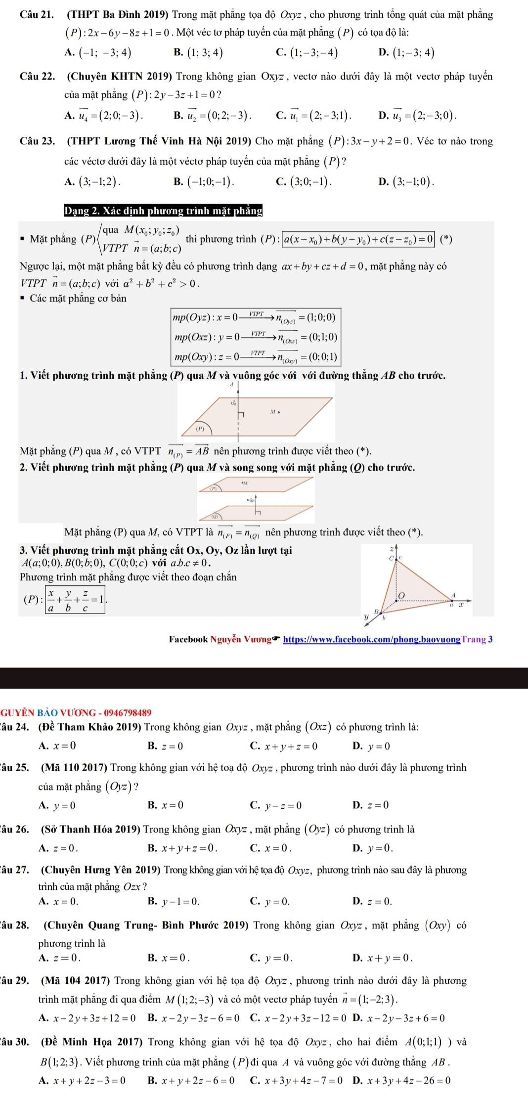 (THPT Ba Đình 2019) Trong mặt phẳng tọa độ Oxyz , cho phương trình tổng quát của mặt phẳng
(P): :2x-6y-8z+1=0. Một véc tơ pháp tuyến của mặt phăng (P) có tọa độ là:
A. (-1;-3;4) B. (1;3;4) C. (1;-3;-4) D. (1;-3;4)
Câu 22. (Chuyên KHTN 2019) Trong không gian Oxyz , vectơ nào dưới đây là một vectơ pháp tuyến
của mặt phẳng (P):2y-3z+1=0?
A. vector u_4=(2;0;-3). B. vector u_2=(0;2;-3). C. vector u_1=(2;-3;1). D. vector u_3=(2;-3;0).
Câu 23. (THPT Lương Thế Vinh Hà Nội 2019) Cho mặt phẳng (P):3x-y+2=0. Véc tơ nào trong
các véctơ dưới đây là một véctơ pháp tuyến của mặt phẳng (P)?
A. (3;-1;2). B. (-1;0;-1). C. (3;0;-1). D. (3;-1;0).
Dạng 2. Xác định phương trình mặt phăng
Mặt phẳng beginpmatrix Pendpmatrix beginpmatrix quaM(x_0;y_0;z_0) VTPT&overline n=(a;b;c)endarray. thì phương trình (P):a(x-x_0)+b(y-y_0)+c(z-z_0)=0 (*)
Ngược lại, một mặt phăng bất kỳ đều có phương trình dạng ax+by+cz+d=0 1 , mặt phẳng này có
VTPT vector n=(a;b;c) với a^2+b^2+c^2>0.
Các mặt phẳng cơ bản
mp(Oyz):x=0xrightarrow ITPTvector n_(Oyz)=(1;0;0)
mp(Oxz):y=0to overline ITPTto overline n_(Oxz)=(0;1;0)
mp(Oxy):z=0xrightarrow ITPTvector n_(Oxy)=(0;0;1)
1. Viết phương trình mặt phẳng (P) qua M và vuông góc với với đường thẳng AB cho trước.
Mặt phẳng (P) qua M , có VTPT vector n_(P)=vector AB nên phương trình được viết theo (*).
2. Viết phương trình mặt phẳng (P) qua M và song song với mặt phẳng (Q) cho trước.
Mặt phẳng (P) qua M, có VTPT là vector n_(P)=vector n_(Q) nên phương trình được viết theo (*).
3. Viết phương trình mặt phẳng cắt Ox, Oy, Oz lần lượt tại
A(a;0;0),B(0;b;0) ),C(0;0;c) với a.b.c!= 0.
Phương trình mặt phẳng được viết theo đoạn chắn
(P) : x/a + y/b + z/c =1.
Facebook Nguyễn Vương https://www.facebook.com/phong.baovuongTrang 3
GUYÊN BẢO VƯơNG - 0946798489
2âu 24. (Đề Tham Khảo 2019) Trong không gian Oxyz , mặt phẳng ( (Oxz) có phương trình là:
B.
A. x=0 z=0 C. x+y+z=0 D. y=0
Câu 25. (Mã 110 2017) Trong không gian với hệ toạ độ Oxyz , phương trình nào dưới đây là phương trình
của mặt phẳng (Oyz) ?
A. y=0 B. x=0 C. y-z=0 D. z=0
Câu 26. (Sở Thanh Hóa 2019) Trong không gian Oxyz , mặt phẳng (Oyz) có phương trình là
B.
A. z=0. x+y+z=0. C. x=0. D. y=0.
2âu 27. (Chuyên Hưng Yên 2019) Trong không gian với hệ tọa độ Oxyz, phương trình nào sau đây là phương
trình của mặt phẳng Ozx ?
A. x=0. B. y-1=0. C. y=0. D. z=0.
Câu 28. (Chuyên Quang Trung- Bình Phước 2019) Trong không gian Oxyz , mặt phẳng (Oxy) có
phương trình là
A. z=0. x=0. C. y=0. D. x+y=0.
2âu 29. (Mã 104 2017) Trong không gian với  hệ tọa độ Oxyz , phương trình nào dưới đây là phương
trình mặt phẳng đi qua điểm M(1;2;-3) và có một vectơ pháp tuyến vector n=(1;-2;3).
A. x-2y+3z+12=0 B. x-2y-3z-6=0 C. x-2y+3z-12=0 D. x-2y-3z+6=0
Jâu 30. (Đề Minh Họa 2017) Trong không gian với hệ tọa độ Oxyz, cho hai điểm A(0;1;1)) và
B(1;2;3) 1. Viết phương trình của mặt phẳng (P)đi qua A và vuông góc với đường thẳng AB .
A. x+y+2z-3=0 B. x+y+2z-6=0 C. x+3y+4z-7=0 D. x+3y+4z-26=0