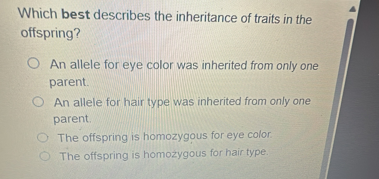 Solved: Which best describes the inheritance of traits in the offspring ...