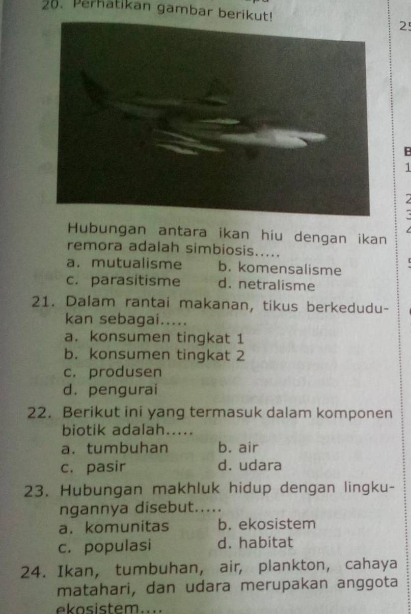 Perhatikan gambar beri
25
B
1
2
.
/ 
Hubungan antara ikan hiu dengan ikan
remora adalah simbiosis.....
a. mutualisme b. komensalisme
c. parasitisme d. netralisme
21. Dalam rantai makanan, tikus berkedudu-
kan sebagai.....
a. konsumen tingkat 1
b. konsumen tingkat 2
c. produsen
d. pengurai
22. Berikut ini yang termasuk dalam komponen
biotik adalah.....
a. tumbuhan b. air
c. pasir d. udara
23. Hubungan makhluk hidup dengan lingku-
ngannya disebut.....
a.komunitas b. ekosistem
c. populasi d. habitat
24. Ikan, tumbuhan, air, plankton, cahaya
matahari, dan udara merupakan anggota
ekosistem....