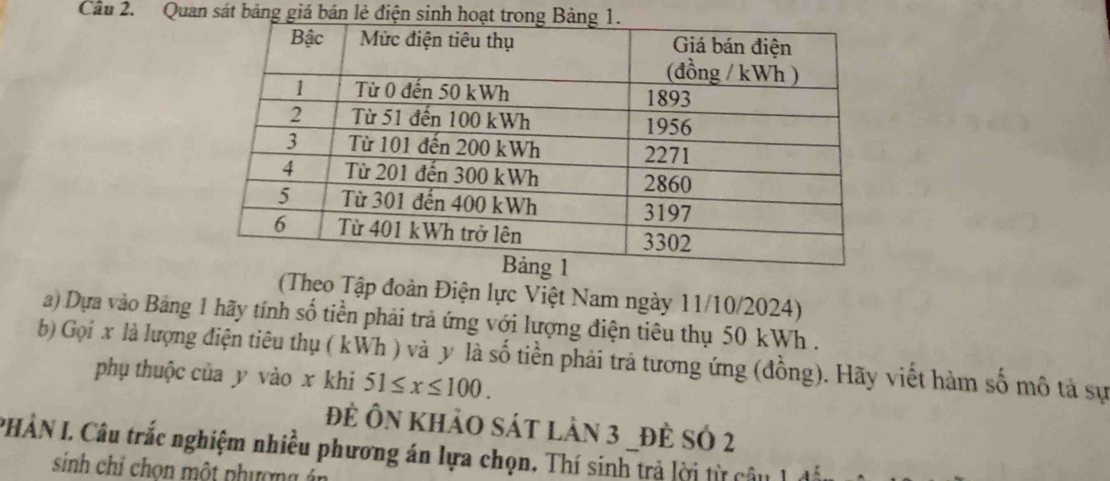 Cầu 2. Quan sát bảng giá bán lẻ điện sinh hoạt t 
(Theo Tập đoàn Điện lực Việt Nam ngày 11/10/2024) 
a) Dựa vào Bảng 1 hãy tính số tiền phải trả ứng với lượng điện tiêu thụ 50 kWh. 
b) Gọi x là lượng điện tiêu thụ ( kWh ) và y là số tiền phải trả tương ứng (đồng). Hãy viết hàm số mô tả sự 
phụ thuộc của y vào x khi 51≤ x≤ 100. 
Đẻ Ôn khảo sát làn 3 _đè số 2
PHÀN I. Câu trắc nghiệm nhiều phương án lựa chọn. Thí sinh trả lời từ câu 
sinh chỉ chọn một phương án