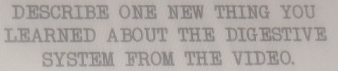 DESCRIBE ONE NEW THING YOU 
LEARNED ABOUT THE DIGESTIVE 
SYSTEM FROM THE VIDEO.