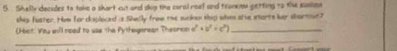 Shelly dacides to take a shart cut and skip the coral reef and tronkeu getting to the somked 
ship faster. Hom for displaced is Shelly from the sunken thip when she starts her shartout? 
(Hat. You will need to use the Pythagerean Theorem c^2+b^2=c^2) _ 
_