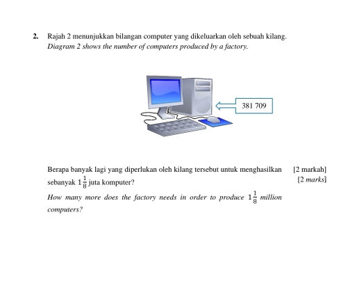 Rajah 2 menunjukkan bilangan computer yang dikeluarkan oleh sebuah kilang. 
Diagram 2 shows the number of computers produced by a factory. 
Berapa banyak lagi yang diperlukan oleh kilang tersebut untuk menghasilkan [2 markah] 
sebanyak 1 1/8  juta komputer? [2 marks] 
How many more does the factory needs in order to produce 1 1/8 million
computers?