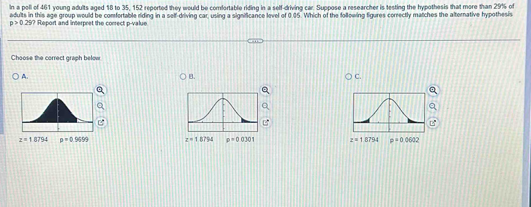 In a poll of 461 young adults aged 18 to 35, 152 reported they would be comfortable riding in a self-driving car. Suppose a researcher is testing the hypothesis that more than 29% of
adults in this age group would be comfortable riding in a self-driving car, using a significance level of 0.05. Which of the following figures correctly matches the alternative hypothesis
p>0.29? Report and interpret the correct p -value.
Choose the correct graph below.
A.
B.
C.
z=1.8794 p=0.9699
z=1.8794 p=0.0301
z=1.8794 p=0.0602