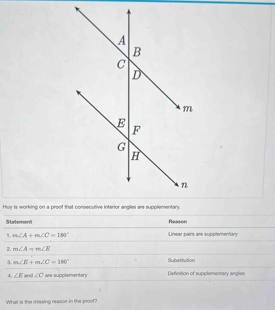 Huy is working on a proof that consecutive interior angles are supplementary. 
Statement Reason 
1. m∠ A+m∠ C=180° Linear pairs are supplementary 
2. m∠ A=m∠ E
3. m∠ E+m∠ C=180° Substitution 
4. ∠ E and ∠ C are supplementary Definition of supplementary angles 
What is the missing reason in the proof?