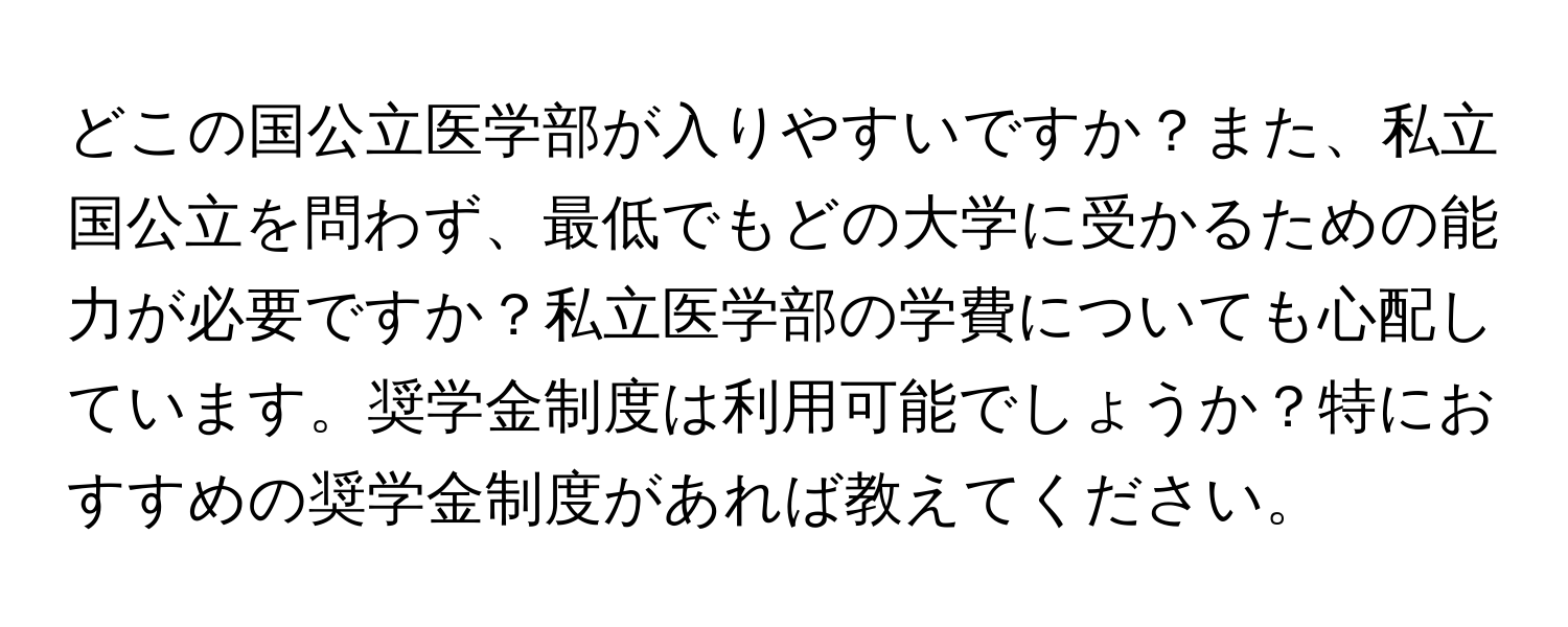 どこの国公立医学部が入りやすいですか？また、私立国公立を問わず、最低でもどの大学に受かるための能力が必要ですか？私立医学部の学費についても心配しています。奨学金制度は利用可能でしょうか？特におすすめの奨学金制度があれば教えてください。