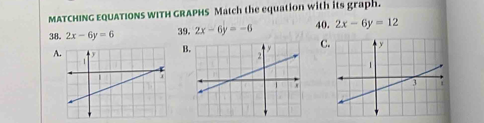 MATCHING EQUATIONS WITH GRAPHS Match the equation with its graph.
39. 2x-6y=-6
38. 2x-6y=6 40. 2x-6y=12
B
C
A