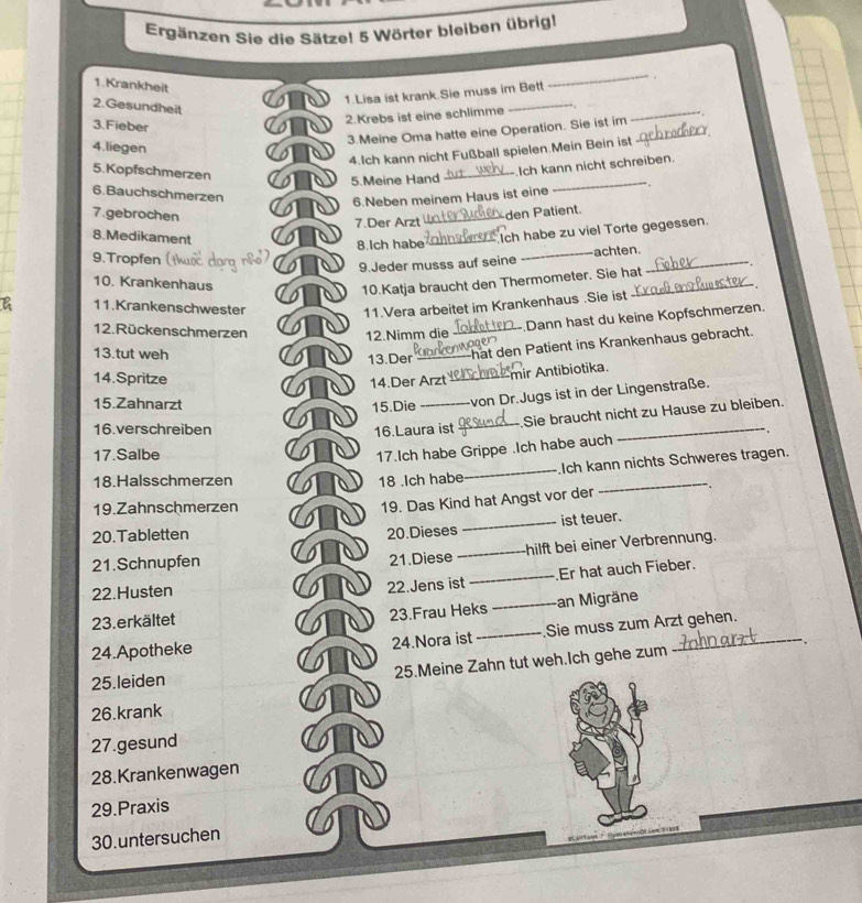 Ergänzen Sie die Sätze! 5 Wörter bleiben übrig!
_.
1.Krankheit   1.Lisa ist krank.Sie muss im Bett
2.Gesundheit
2.Krebs ist eine schlimme
_
3.Fieber
3.Meine Oma hatte eine Operation. Sie ist im_
_
4.liegen
4.Ich kann nicht Fußball spielen.Mein Bein ist
_
5.Kopfschmerzen
5 Meine Hand __Ich kann nicht schreiben.
6.Bauchschmerzen
6.Neben meinem Haus ist eine . 
7.gebrochen den Patient.
7.Der Arzt
8.Medikament
8 Ich habe
Ich habe zu viel Torte gegessen.
9. Tropfen
9.Jeder musss auf seine _achten._
10. Krankenhaus
10.Katja braucht den Thermometer. Sie hat_
11. Krankenschwester 11.Vera arbeitet im Krankenhaus .Sie ist
12. Rückenschmerzen 12.Nimm die
Dann hast du keine Kopfschmerzen.
13.tut weh
13.Der _hat den Patient ins Krankenhaus gebracht.
14.Spritze
14.Der Arzt mir Antibiotika.
15.Zahnarzt 15.Die __von Dr.Jugs ist in der Lingenstraße.
_Sie braucht nicht zu Hause zu bleiben.
16.verschreiben 16.Laura ist
17.Salbe
17.Ich habe Grippe .Ich habe auch
_
_Ich kann nichts Schweres tragen.
18.Halsschmerzen 18 .Ich habe
19.Zahnschmerzen
19. Das Kind hat Angst vor der
_
20.Tabletten 20.Dieses _ist teuer.
21.Schnupfen 21.Diese _hilft bei einer Verbrennung.
22.Husten
22.Jens ist _Er hat auch Fieber.
23. erkältet 23.Frau Heks _an Migräne
24.Apotheke 24.Nora ist_ Sie muss zum Ärzt gehen.
25.Meine Zahn tut weh.Ich gehe zum
25.leiden
26.krank
27.gesund
28.Krankenwagen
29.Praxis
30.untersuchen