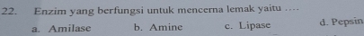 Enzim yang berfungsi untuk mencerna lemak yaitu …
a. Amilase b. Amine c. Lipase d. Pepsin