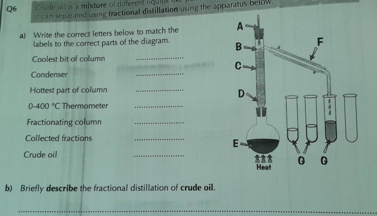 Crude oil is a mixture of different liquius like 
it can separated using fractional distillation using the apparatus below. 
a) Write the correct letters below to match the 
labels to the correct parts of the diagram. 
Coolest bit of column 
_ 
_ 
Condenser 
Hottest part of column_
0-400°C Thermometer_ 
Fractionating column_ 
Collected fractions_ 
Crude oil 
_ 
b) Briefly describe the fractional distillation of crude oil. 
_