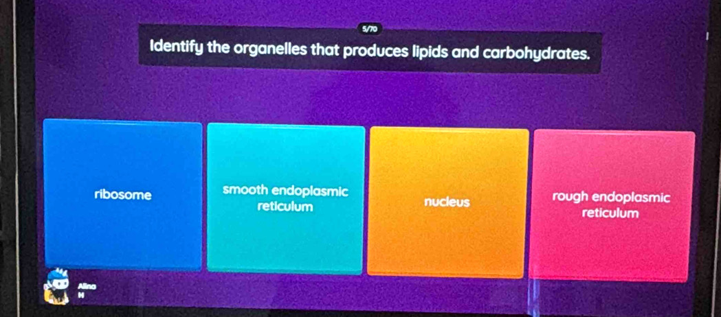 Identify the organelles that produces lipids and carbohydrates.
ribosome smooth endoplasmic rough endoplasmic
reticulum nucleus
reticulum