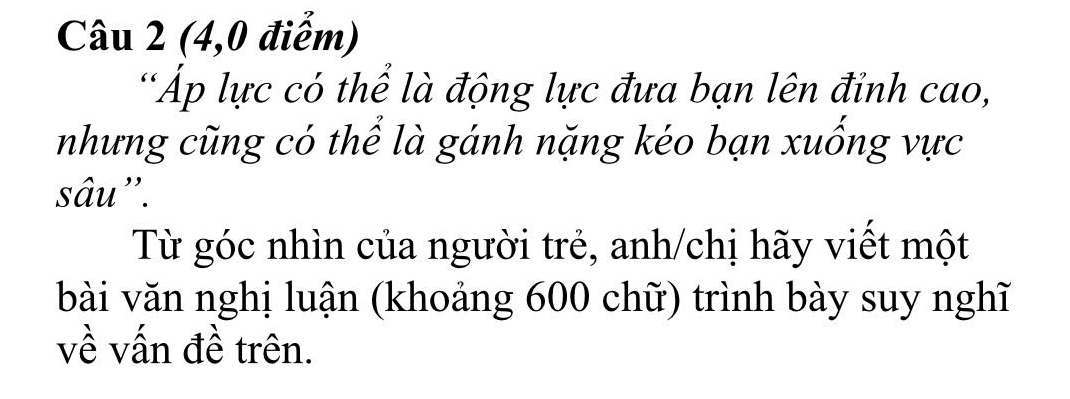 (4,0 điểm) 
*Áp lực có thể là động lực đưa bạn lên đỉnh cao, 
nhưng cũng có thể là gánh nặng kéo bạn xuống vực 
sâu''. 
Từ góc nhìn của người trẻ, anh/chị hãy viết một 
bài văn nghị luận (khoảng 600 chữ) trình bày suy nghĩ 
về vấn đề trên.