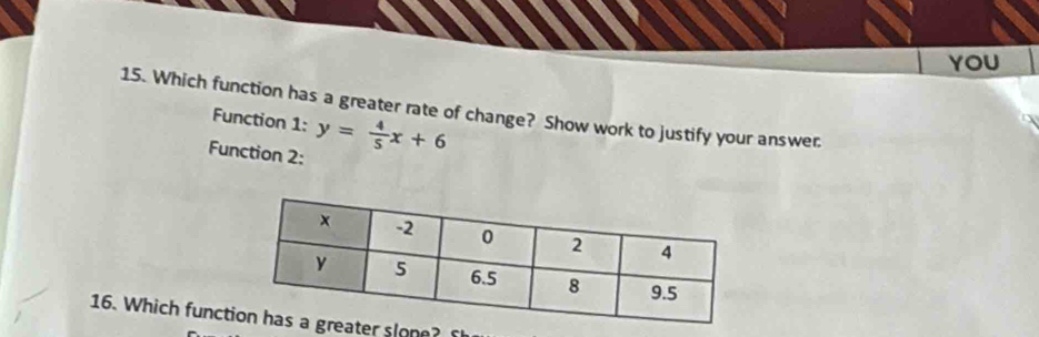 YOU 
15. Which function has a greater rate of change? Show work to justify your answer. 
Function 1: 
Function 2: y= 4/5 x+6
16. Which functe?