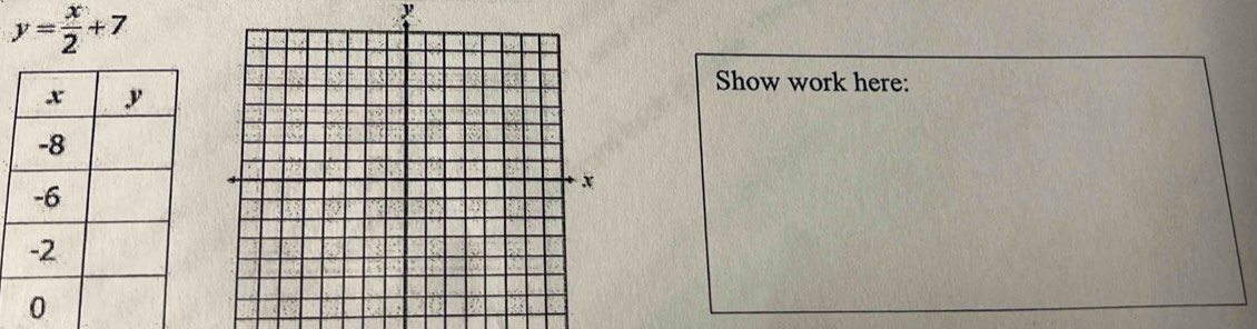 y= x/2 +7
Show work here: