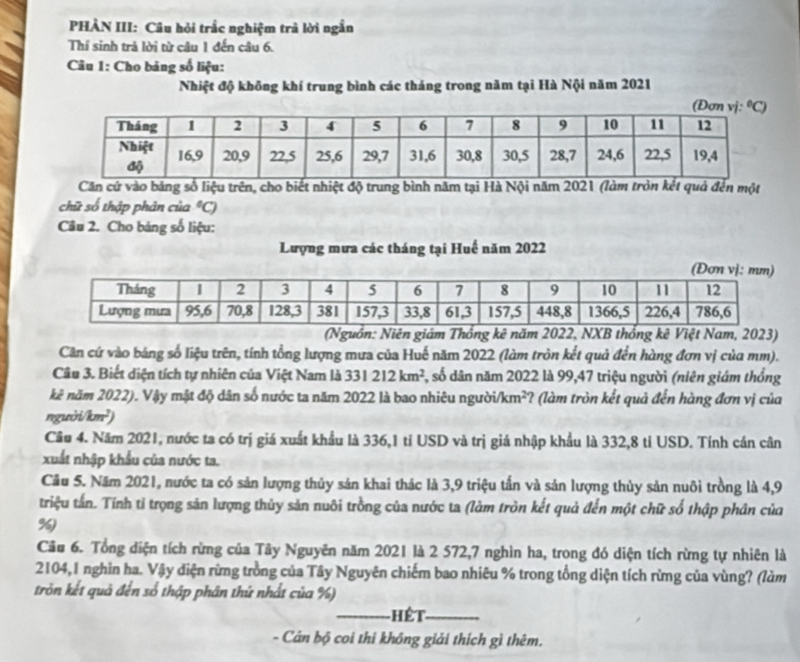 PHẢN III: Câu hỏi trắc nghiệm trà lời ngắn
Thí sinh trả lời từ câu 1 đến câu 6.
Câu 1: Cho bảng số liệu:
Nhiệt độ không khí trung bình các tháng trong năm tại Hà Nội năm 2021
Căn cứ vào bảng số liệu trên, cho biết nhiệt độ trung bình năm tại Hà Nội năm 2021 (làm tròn kết quả đến một
chữ số thập phân của °C)
Câu 2. Cho bảng số liệu:
Lượng mưa các tháng tại Huế năm 2022
(Nguồn: Niên giám Thống kê năm 2022, NXB thống kê Việt Nam, 2023)
Căn cứ vào báng số liệu trên, tính tổng lượng mưa của Huế năm 2022 (làm tròn kết quả đến hàng đơn vị của mm).
Câu 3. Biết diện tích tự nhiên của Việt Nam là 331212km^2 S, số dân năm 2022 là 99,47 triệu người (niên giám thống
kê năm 2022). Vậy mật độ dân số nước ta năm 2022 là bao nhiêu người km^2 ? (làm tròn kết quả đến hàng đơn vị của
người/km²)
Cầu 4. Năm 2021, nước ta có trị giá xuất khẩu là 336,1 tỉ USD và trị giá nhập khẩu là 332,8 tỉ USD. Tính cán cân
xuất nhập khẩu của nước ta.
Cầu 5. Năm 2021, nước ta có sản lượng thủy sản khai thác là 3,9 triệu tấn và sản lượng thủy sản nuôi trồng là 4,9
triệu tấn. Tính tỉ trọng sản lượng thủy sản nuôi trồng của nước ta (làm tròn kết quả đến một chữ số thập phân của
%)
Câu 6. Tổng diện tích rừng của Tây Nguyên năm 2021 là 2 572,7 nghìn ha, trong đó diện tích rừng tự nhiên là
2104,1 nghĩn ha. Vậy diện rừng trồng của Tây Nguyên chiếm bao nhiêu % trong tổng diện tích rừng của vùng? (làm
tròn kết quả đến sổ thập phân thứ nhất của %)
_ hết_
- Cán bộ coi thi không giải thích gì thêm.