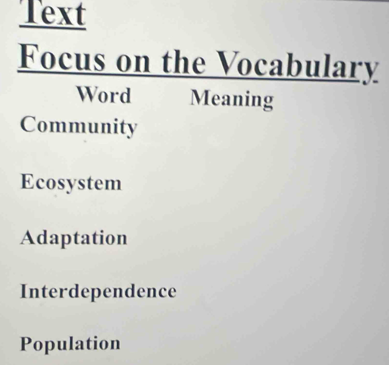 Text
Focus on the Vocabulary
Word Meaning
Community
Ecosystem
Adaptation
Interdependence
Population