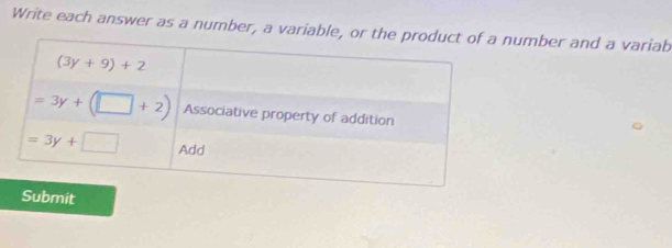 Write each answer as a number, a variable, umber and a variab
Submit