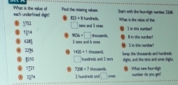 each underfined digit! What is the value of Find the missing values: Scam with the four-digit number, 5268.
f(1)=8 hundreds. 
⑧ 1752 □ Lers and 3 onen What is the value of that 
⑧ 1214. 9036=□ thourands. in this number! ⑨ B in this numberf 
⑧ 6285 I tems and 6 omes 
④ 2296 1420=1 thousand. 
10 □ hundreds anó 1 vems Swap the thousands and handreds digits, and the tens and ones digits. 
⑥ 1725 0 7298=7 thousands @ What new four-dipt 
② 3274 1 hundreds and □ cm number do you per!!