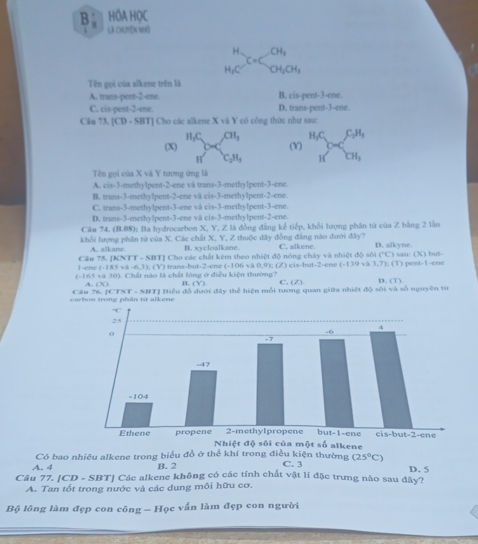 B。 HÓA HỌC
là chiyên nhỗ
H、 CH_3
C=C
H_3C CH_2CH_3
Tên gọi của alkene trên là
A. trans-pent-2-ene. B. cis-pent-3-ene.
C. cis-pent-2-ene. D. trans-pent-3-ene.
Câu 73. [CD - SBT] Cho các alkene X và Y có công thức như sau:
H_3C CH_3
(X) (Y) _HC_C=C_CH_3^C_2H_3
H C_2H_5
Tên gọi của X và Y tương ứng là
A. cis-3-methylpent-2-ene vå trans-3-methylpent-3-ene.
B. trans-3-methylpent-2-ene và cis-3-methylpent-2-ene.
C. trans-3-methylpent-3-ene và cis-3-methylpent-3-ene.
D. trans-3-methylpent-3-ene vå cis-3-methylpent-2-ene.
Câu 74,(B,08) 0: Ba hydrocarbon X, Y, Z là đồng đẳng kế tiếp, khối lượng phân tứ của Z bằng 2 lần
khối lượng phân tử của X. Các chất X, Y, Z thuộc dãy đồng đẳng nào dưới đây? D. alkyne
A. alkane B. xycloalkane. C. alkene.
Câu 75. [KNTT - SBT] Cho các chất kèm theo nhiệt độ nóng chảy và nhiệt độ sôi (^circ C) ) sau: (X) but-
1-ene (-185va-6,3);; (Y) trans-but-2-ene (-106 và 0,9; (Z) cis-but-2-ene (-139 và 3.7 ); (T) pent-1-ene
(-165va30) 1. Chất nào là chất lóng ở điều kiện thường? D. (T)
A. (X). B. (Y). C. (Z)
Câu 76 ICTST - SBTJ Biểu đồ đưới đây thể hiện mổi tương quan giữa nhiệt độ sôi và số nguyên từ
carbon trong phân tử alkene
Có bao nhiêu alkene trong biểu đồ ở thể khí trong điều kiện thường
A. 4 B. 2 C. 3 (25°C) D. 5
Câu 77. [CD - SBT] Các alkene không có các tính chất vật lí đặc trưng nào sau đây?
A. Tan tốt trong nước và các dung môi hữu cơ.
Bộ lông làm đẹp con công - Học vấn làm đẹp con người