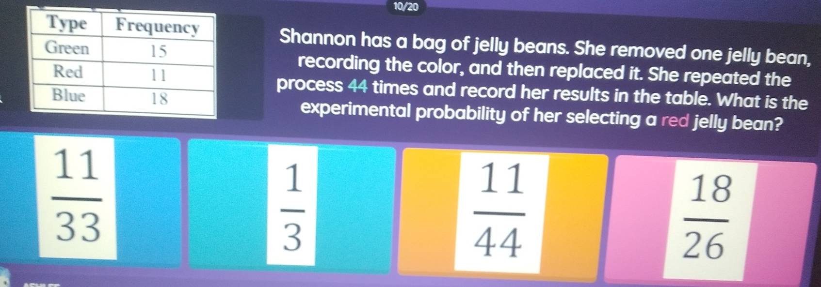 10/20
Shannon has a bag of jelly beans. She removed one jelly bean,
recording the color, and then replaced it. She repeated the
process 44 times and record her results in the table. What is the
experimental probability of her selecting a red jelly bean?
 11/33 
 1/3 
 11/44 
 18/26 