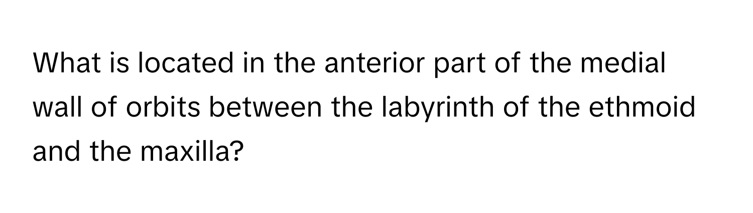 What is located in the anterior part of the medial wall of orbits between the labyrinth of the ethmoid and the maxilla?