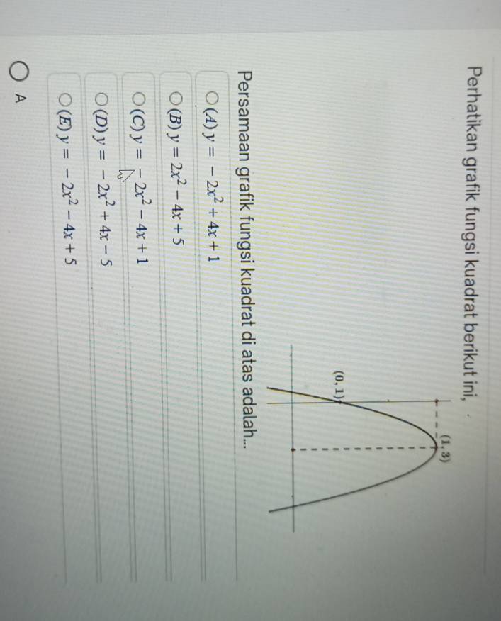 Perhatikan grafik fungsi kuadrat berikut ini,
Persamaan grafik fungsi kuadrat di atas adalah...
(A) y=-2x^2+4x+1
(B) y=2x^2-4x+5
(C) y=-2x^2-4x+1
(D) y=-2x^2+4x-5
(E) y=-2x^2-4x+5
A