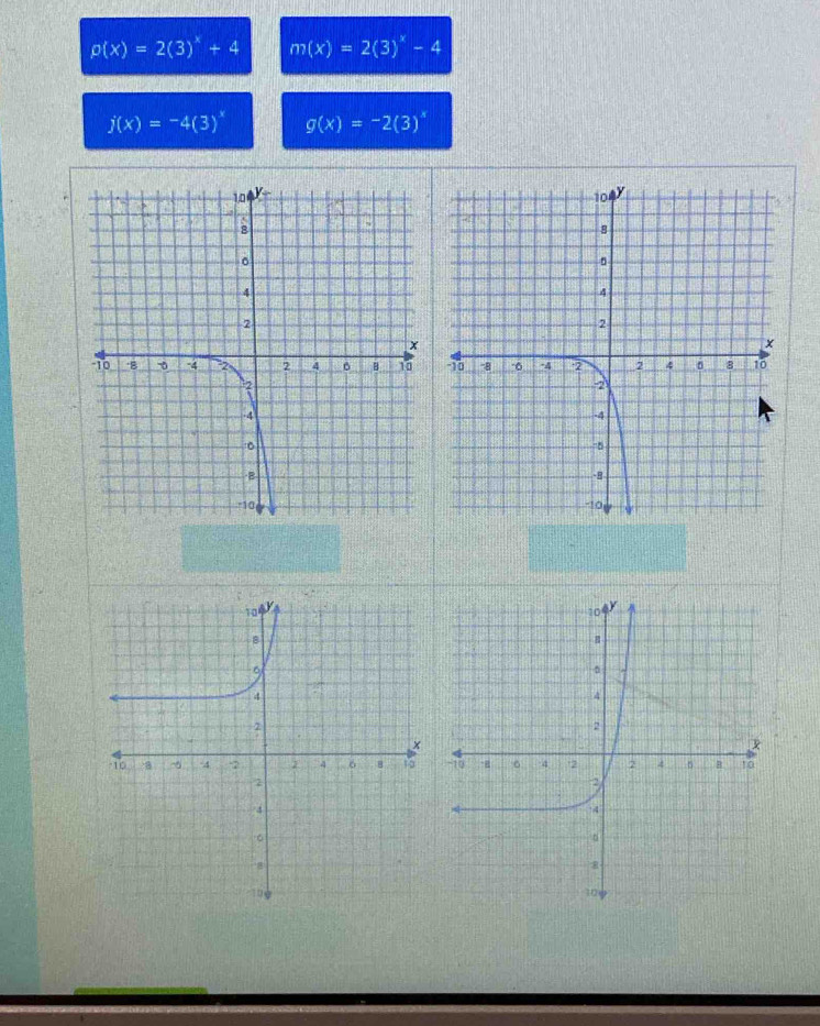 p(x)=2(3)^x+4 m(x)=2(3)^x-4
j(x)=-4(3)^x g(x)=-2(3)^x