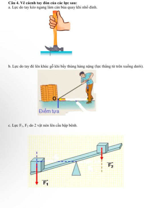 Vẽ cácnh tay đòn của các lực sau:
a. Lực do tay kéo ngang làm cán búa quay khi nhồ đinh.
b. Lực do tay đè lên khúc gỗ khi bầy thùng hàng nặng (lực thẳng từ trên xuống dưới).
c. Lực F_1,F_2 do 2 vật nén lên cầu bập bênh.