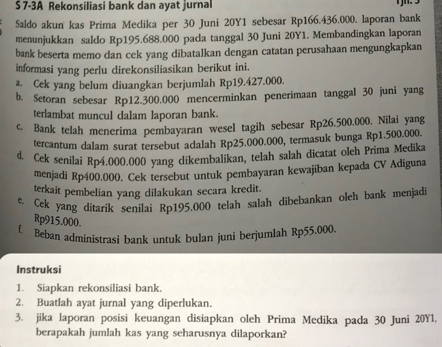 7-3A Rekonsiliasi bank dan ayat jurnal 
Saldo akun kas Prima Medika per 30 Juni 20Y1 sebesar Rp166.436.000. laporan bank 
menunjukkan saldo Rp195.688.000 pada tanggal 30 Juni 20Y1. Membandingkan laporan 
bank beserta memo dan cek yang dibatalkan dengan catatan perusahaan mengungkapkan 
informasi yang perlu direkonsiliasikan berikut ini. 
a. Cek yang belum diuangkan berjumlah Rp19.427.000. 
b. Setoran sebesar Rp12.300.000 mencerminkan penerimaan tanggal 30 juni yang 
terlambat muncul dalam laporan bank. 
c. Bank telah menerima pembayaran wesel tagih sebesar Rp26.500.000. Nilai yang 
tercantum dalam surat tersebut adalah Rp25.000.000, termasuk bunga Rp1.500.000. 
d. Cek senílai Rp4.000.000 yang dikembalikan, telah salah dicatat oleh Prima Medika 
menjadi Rp400.000. Cek tersebut untuk pembayaran kewajiban kepada CV Adiguna 
terkait pembelian yang dilakukan secara kredit. 
e. Cek yang ditarik senilai Rp195.000 telah salah dibebankan oleh bank menjadi
Rp915.000. 
f. Beban administrasi bank untuk bulan juni berjumlah Rp55.000. 
Instruksi 
1. Siapkan rekonsiliasi bank. 
2. Buatlah ayat jurnal yang diperlukan. 
3. jika laporan posisi keuangan disiapkan oleh Prima Medika pada 30 Juni 20Y1, 
berapakah jumlah kas yang seharusnya dilaporkan?