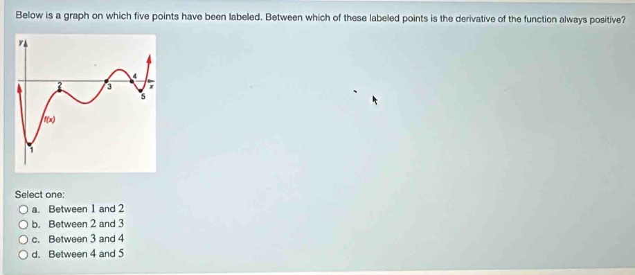 Below is a graph on which five points have been labeled. Between which of these labeled points is the derivative of the function always positive?
Select one:
a. Between 1 and 2
b. Between 2 and 3
c. Between 3 and 4
d. Between 4 and 5