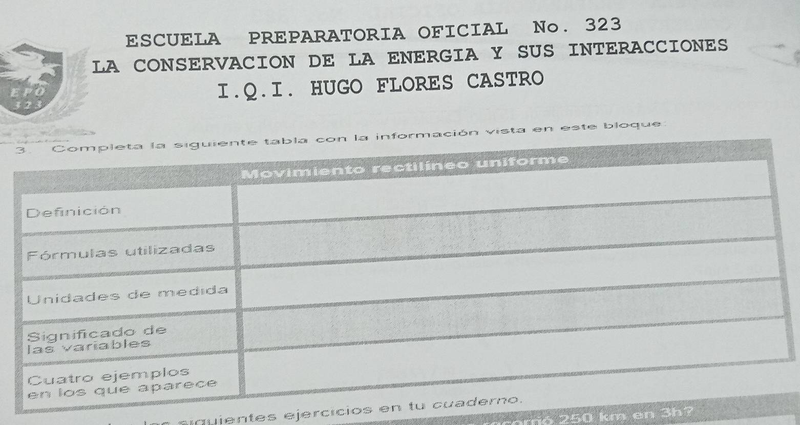 ESCUELA PREPARATORIA OFICIAL No. 323 
LA CONSERVACION DE LA ENERGIA Y SUS INTERACCIONES 
I.Q.I. HUGO FLORES CASTRO 
n vista en este bloque 
frujentes ejercícios 
no 250 km en 3h?