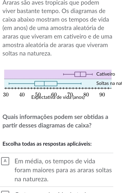 Araras são aves tropicais que podem
viver bastante tempo. Os diagramas de
caixa abaixo mostram os tempos de vida
(em anos) de uma amostra aleatória de
araras que viveram em cativeiro e de uma
amostra aleatória de araras que viveram
soltas na natureza.
Soltas na na
Quais informações podem ser obtidas a
partir desses diagramas de caixa?
Escolha todas as respostas aplicáveis:
A Em média, os tempos de vida
foram maiores para as araras soltas
na natureza.