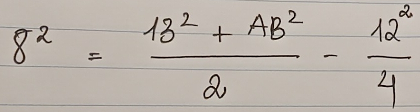 8^2= (18^2+AB^2)/2 - 12^2/4 