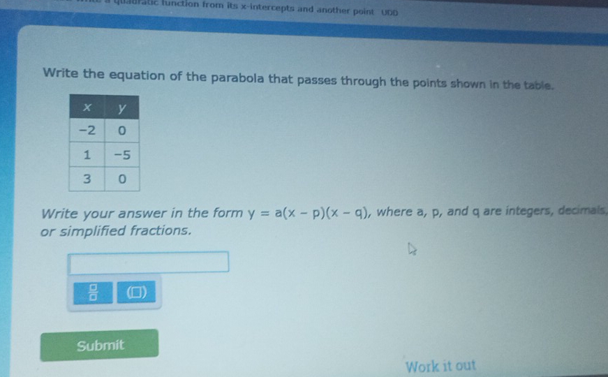 quauratic lunction from its x-intercepts and another point UDD 
Write the equation of the parabola that passes through the points shown in the table. 
Write your answer in the form y=a(x-p)(x-q) , where a, p, and q are integers, decimals, 
or simplified fractions.
 □ /□   (0) 
Submit 
Work it out