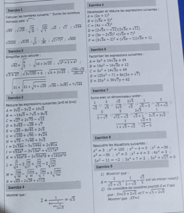 Solved: Calculer les nombres sulvants '* Ecrire les nombres Développer ...