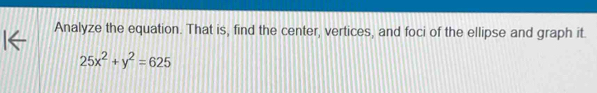 Analyze the equation. That is, find the center, vertices, and foci of the ellipse and graph it.
25x^2+y^2=625
