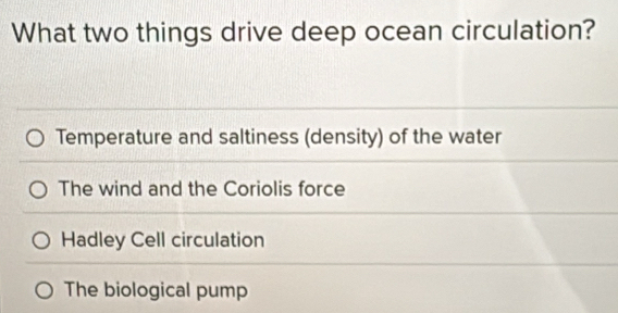 What two things drive deep ocean circulation?
Temperature and saltiness (density) of the water
The wind and the Coriolis force
Hadley Cell circulation
The biological pump