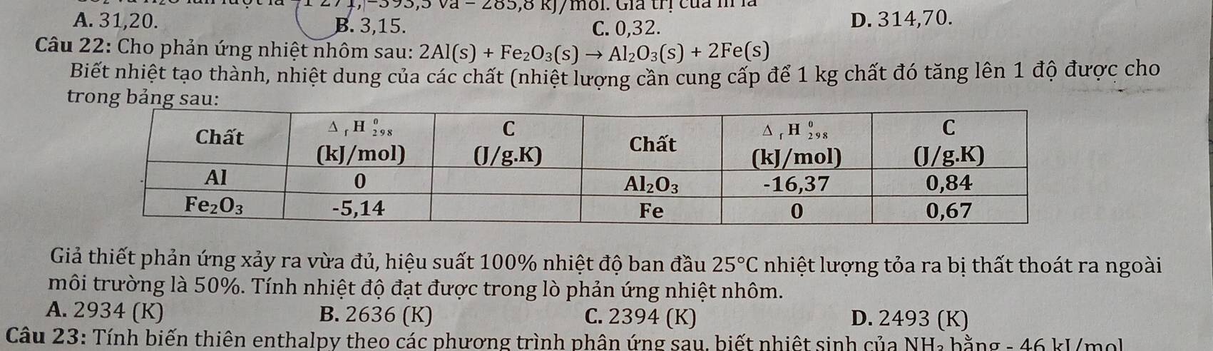 ,|-373,3vd-265,0R) /moi. Gia trị của m là
A. 31,20. B. 3,15. C. 0,32. D. 314,70.
Câu 22: Cho phản ứng nhiệt nhôm sau: 2Al(s)+Fe_2O_3(s)to Al_2O_3(s)+2Fe(s)
Biết nhiệt tạo thành, nhiệt dung của các chất (nhiệt lượng cần cung cấp để 1 kg chất đó tăng lên 1 độ được cho
Giả thiết phản ứng xảy ra vừa đủ, hiệu suất 100% nhiệt độ ban đầu 25°C nhiệt lượng tỏa ra bị thất thoát ra ngoài
môi trường là 50%. Tính nhiệt độ đạt được trong lò phản ứng nhiệt nhôm.
A. 2934 (K) B. 2636 (K) C. 2394 (K) D. 2493 (K)
Câu 23: Tính biến thiên enthalpy theo các phương trình phân ứng sau, biết nhiệt sinh của NH: bằng - 46 kJ/mol