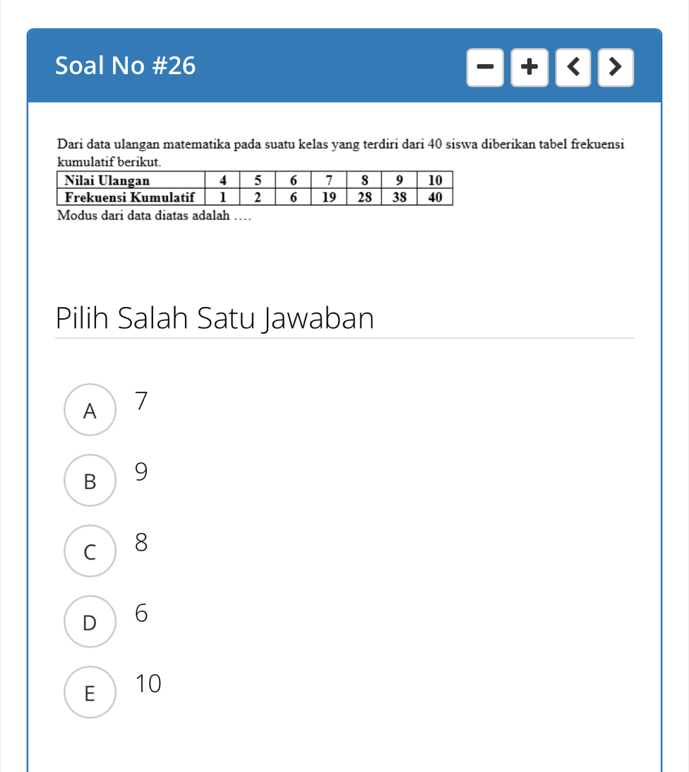 Soal No #26^- 
Dari data ulangan matematika pada suatu kelas yang terdiri dari 40 siswa diberikan tabel frekuensi
kumulatif berikut.
Modus dari data diatas adalah …
Pilih Salah Satu Jawaban
A 7
B 9
c ) 8
D 6
E 10